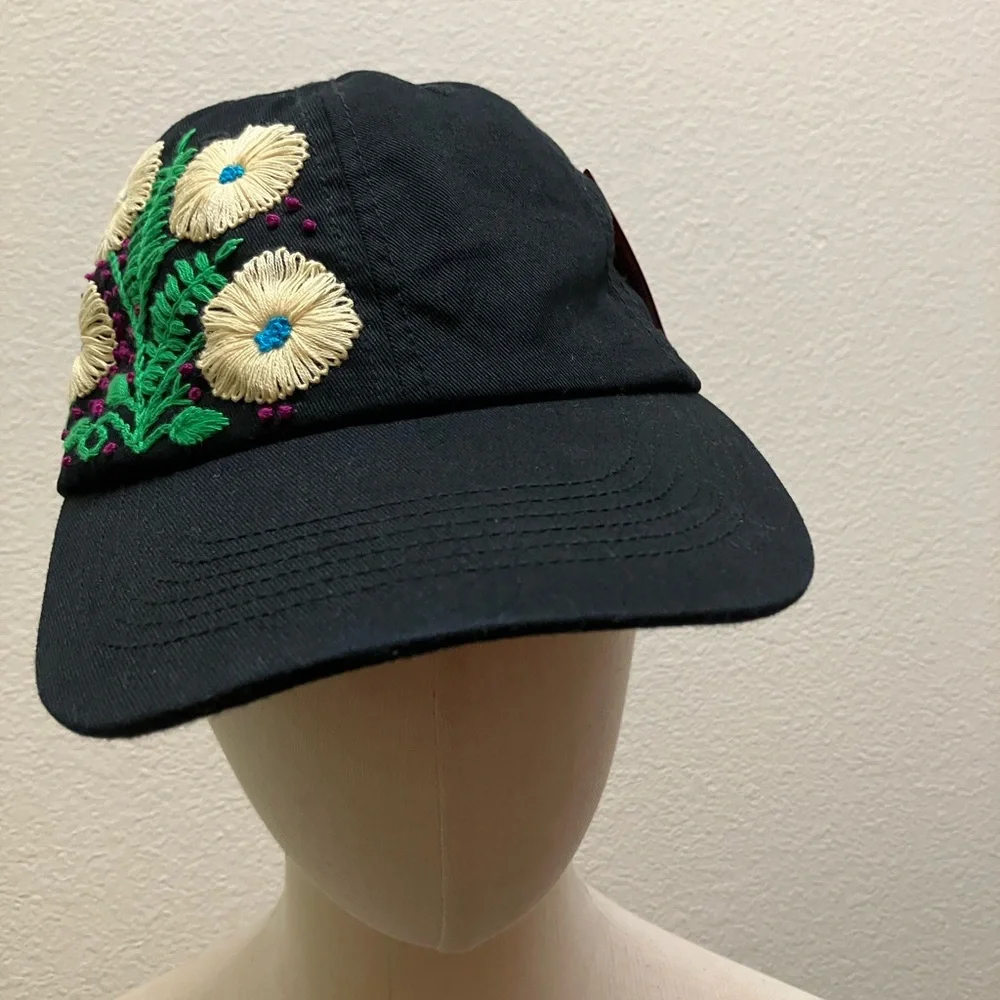 Floral Hand Embroidered Black Cap Adjustable Summer Handmade Boho Hippie Fashion